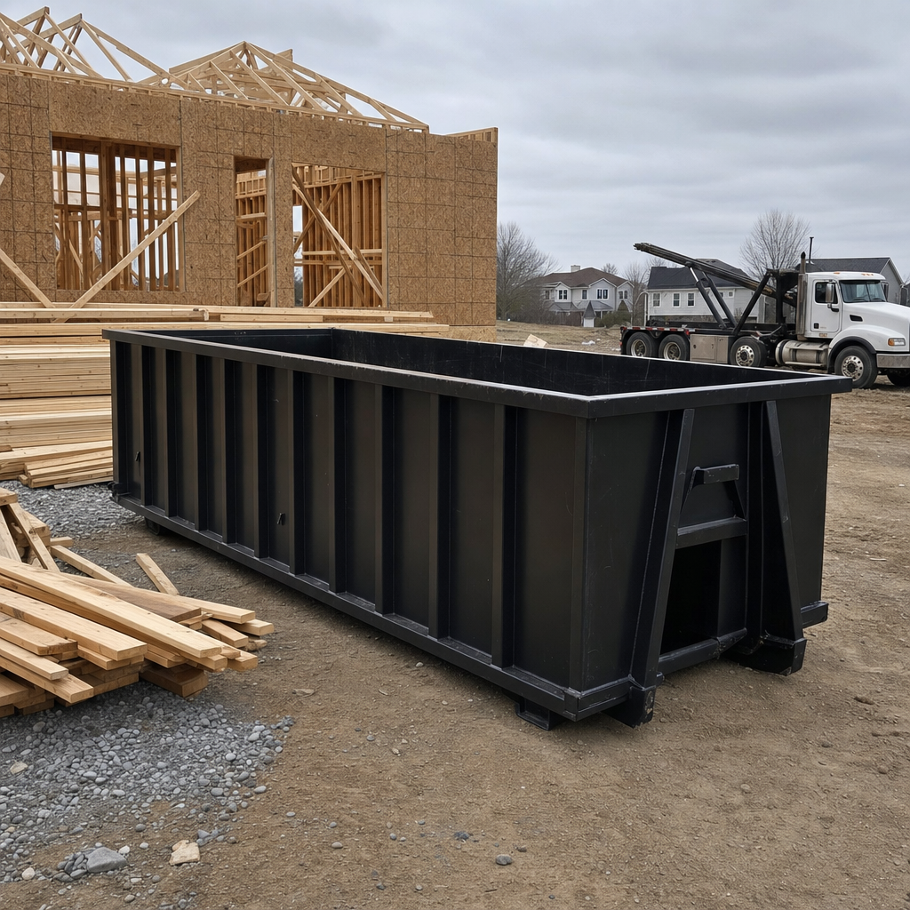 Matte-black 40-yard roll-off dumpster staged on a framed-out residential construction site in New Orleans, framing lumber stacked nearby, hooklift delivery truck visible in the background under bright Colorado daylight