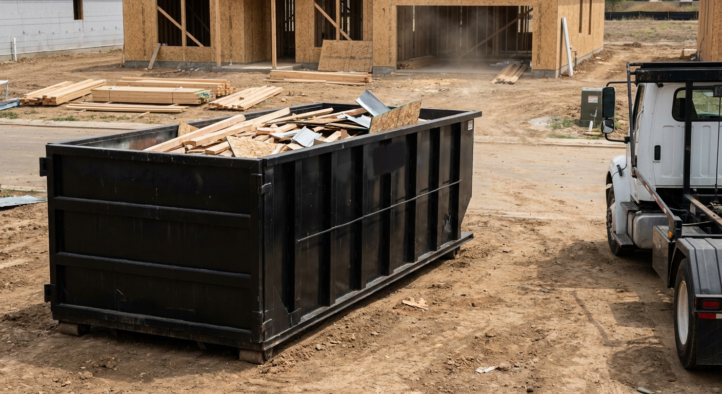 Matte-black 20-yard roll-off construction dumpster with heavy ribbed steel sidewalls and swing rear doors at a working jobsite in New Orleans, sitting directly on compacted dirt with an unmarked white hauler partially visible at the far edge of the frame.