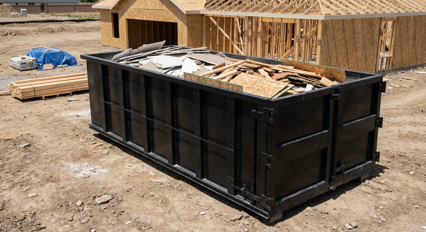 Matte-black 30-yard roll-off construction dumpster sitting directly on the compacted-dirt site of a framed single-family home build in New Orleans, drywall and lumber scrap loaded inside.