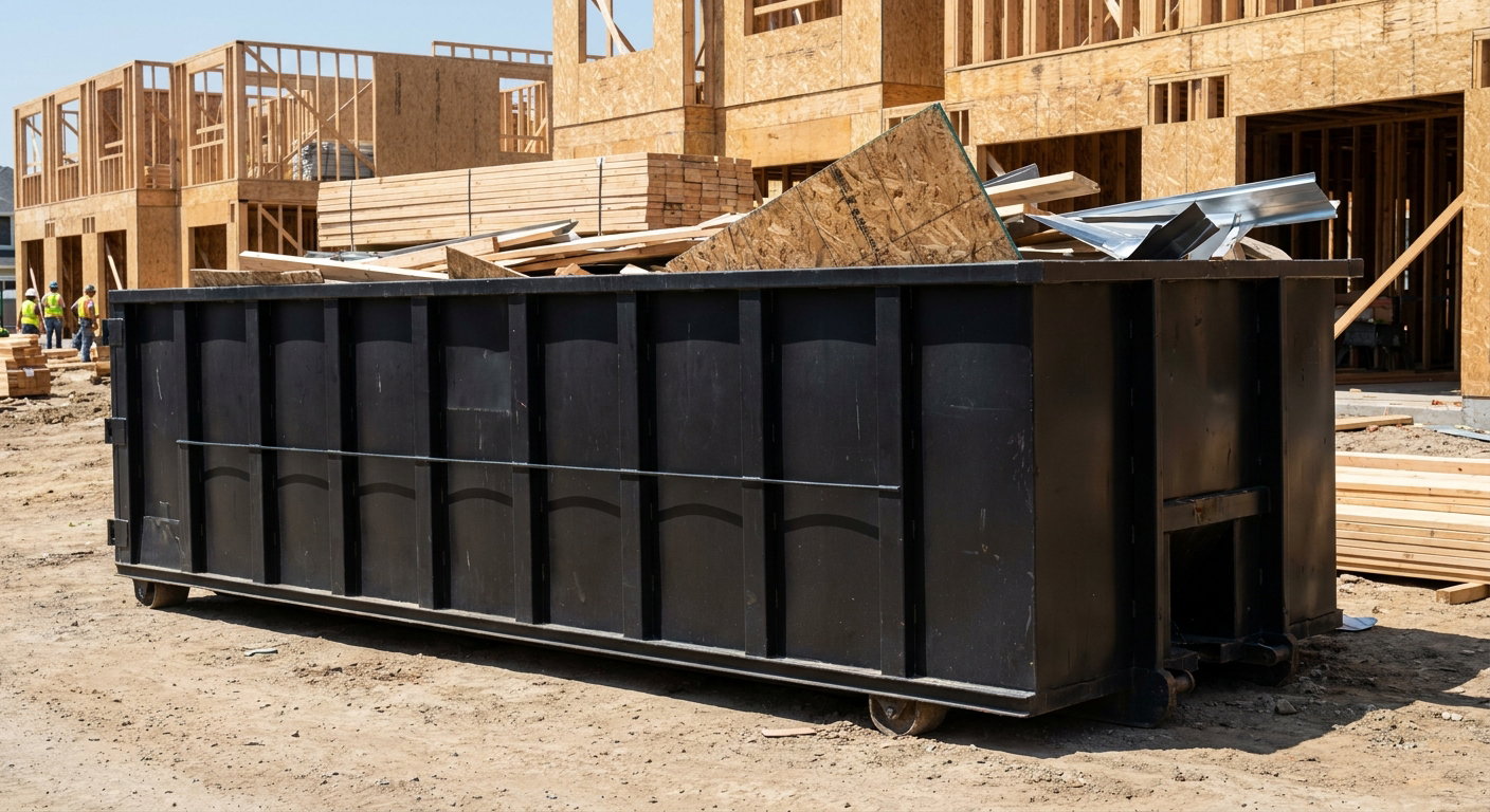 Matte-black 40-yard roll-off construction dumpster being lowered from a white-cab hooklift delivery truck onto the compacted-dirt jobsite at a commercial build site in New Orleans