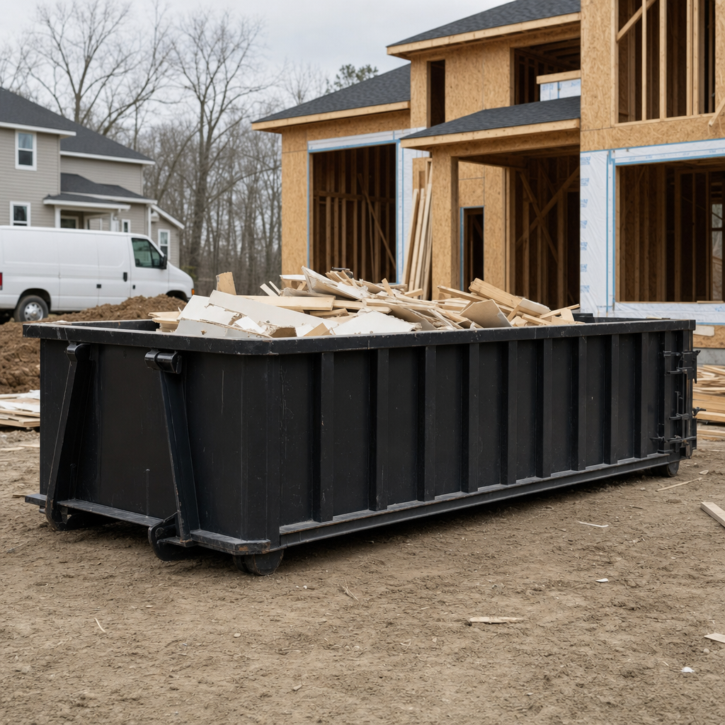 Worker in a yellow high-visibility vest tossing framing lumber and broken drywall into a matte-black 30-yard construction roll-off dumpster on an active build site in New Orleans, bright daylight