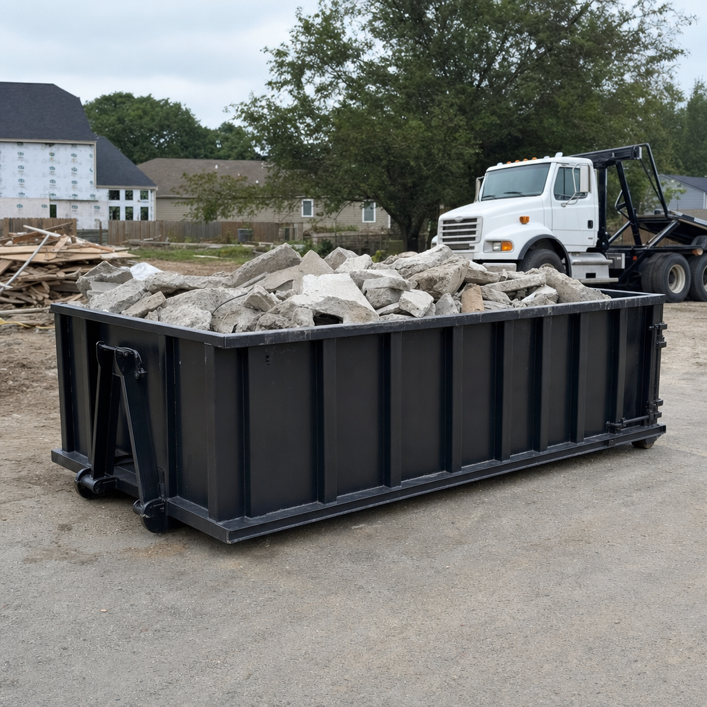 Low-profile matte-black lowboy roll-off dumpster loaded with broken concrete slab and rebar at a foundation tear-out in New Orleans, skid steer parked beside it, sunny Colorado morning