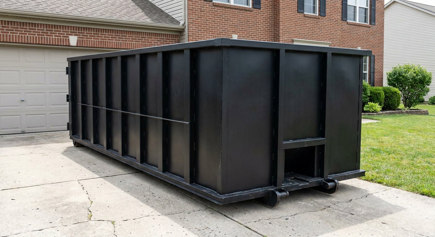 Matte-black 20-yard roll-off container on a New Orleans residential concrete driveway with reinforced ribbed steel sidewalls and a hinged rear walk-in door, clean bright daylight.