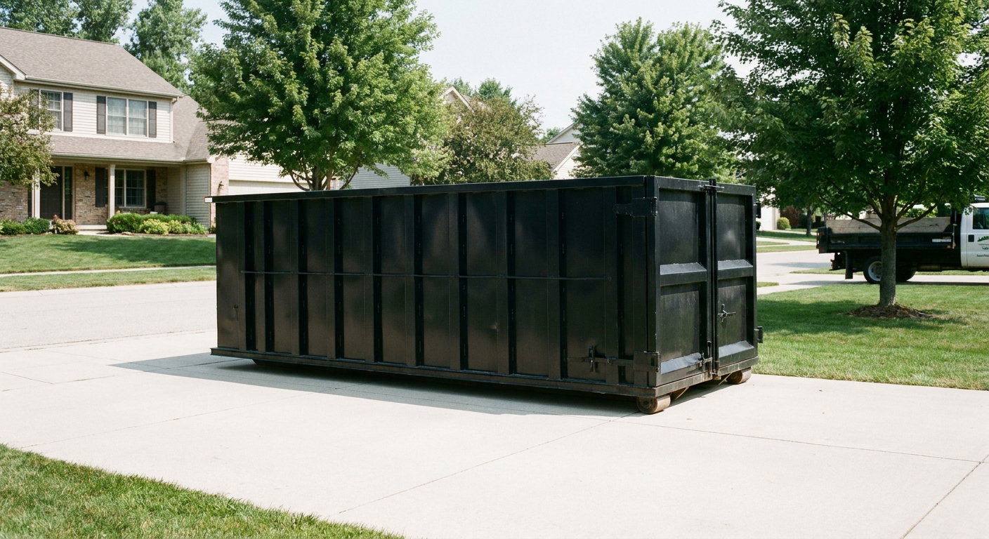 Matte-black 20-yard roll-off dumpster sitting level on a clean New Orleans residential concrete driveway under bright daylight, demonstrating clean placement directly on the concrete.