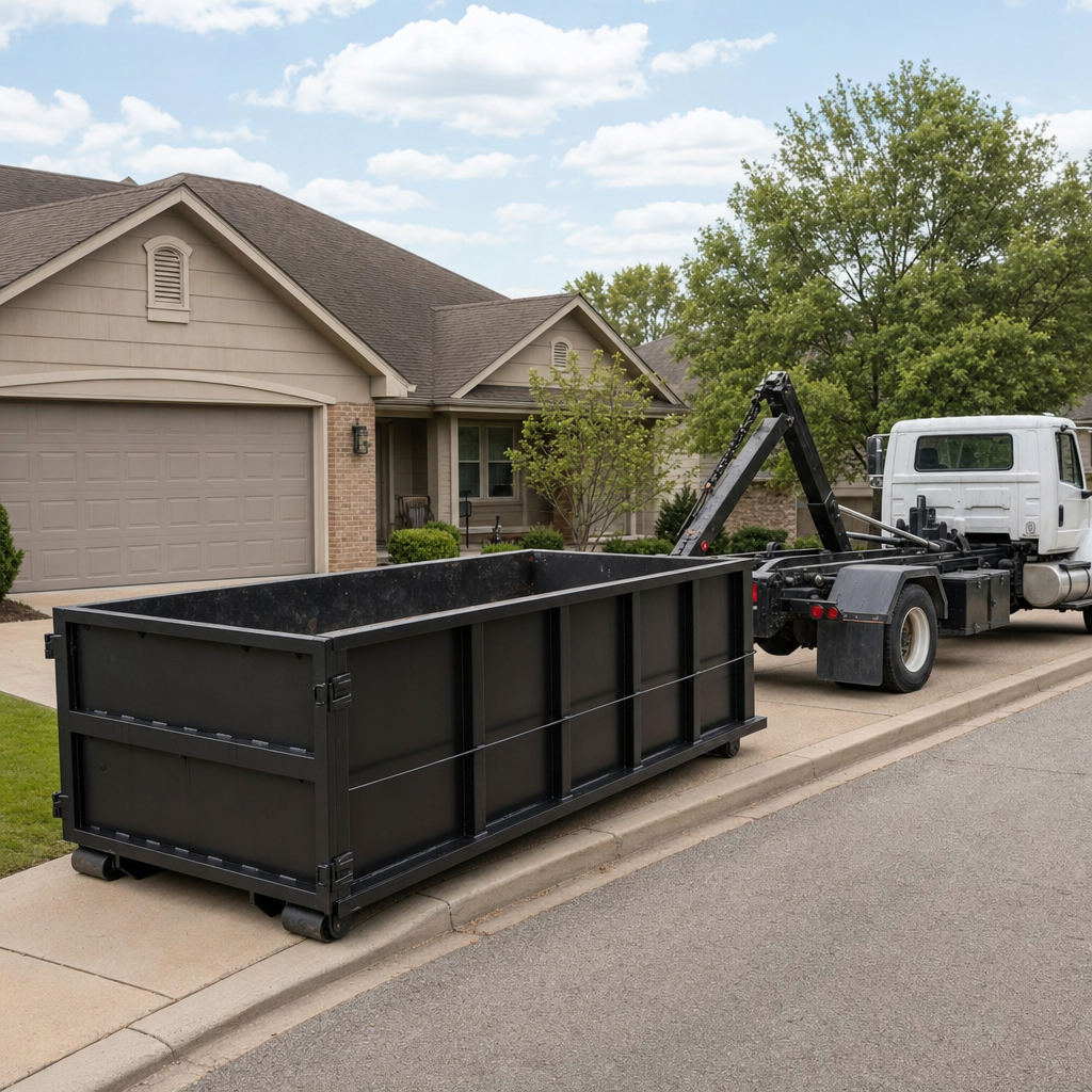 Wide documentary shot of a matte-black roll-off dumpster on a New Orleans residential driveway in the foreground and a contractor jobsite container in the soft-focus background, bright daylight, calm and orderly composition.