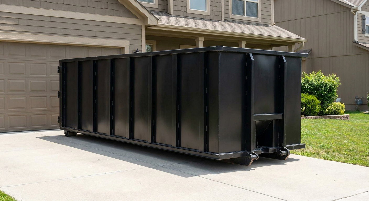 Matte-black residential roll-off dumpster sitting directly on a suburban New Orleans concrete driveway, garage door closed, single-family home in background, bright morning daylight.
