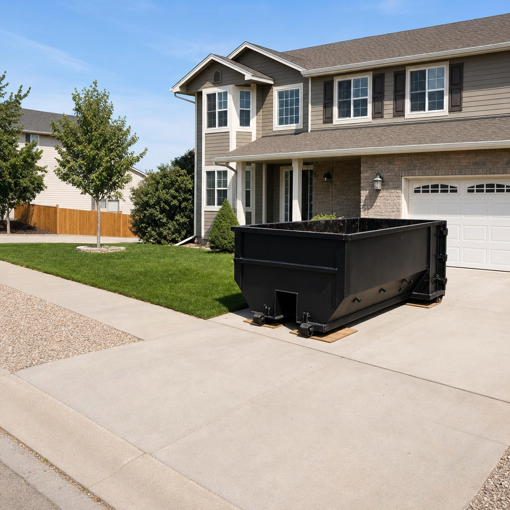 10-yard matte-black residential dumpster placed directly on a narrow New Orleans concrete driveway, room remains for a parked sedan beside it, mid-morning natural light