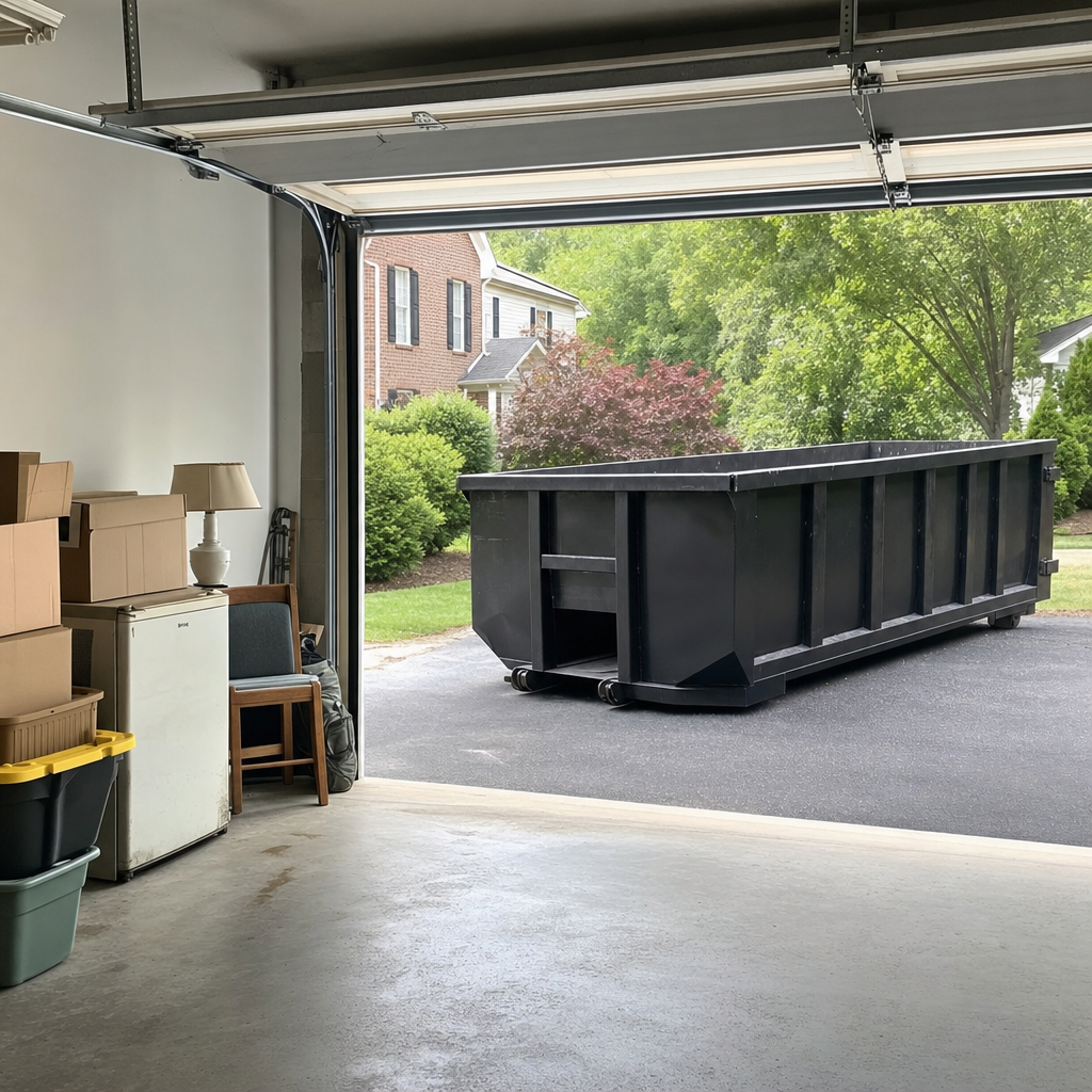 Open garage interior in a New Orleans home mid-cleanout — boxed items, an old appliance, and stacked yard tools queued near the driveway for a matte-black roll-off dumpster, organized and calm
