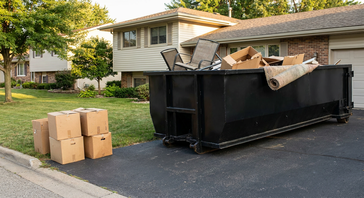 Front-yard view of a New Orleans split-level home with a 20-yard matte-black roll-off dumpster sitting directly on the asphalt driveway, a few clearly labeled donation boxes staged at the curb, calm sunny afternoon.
