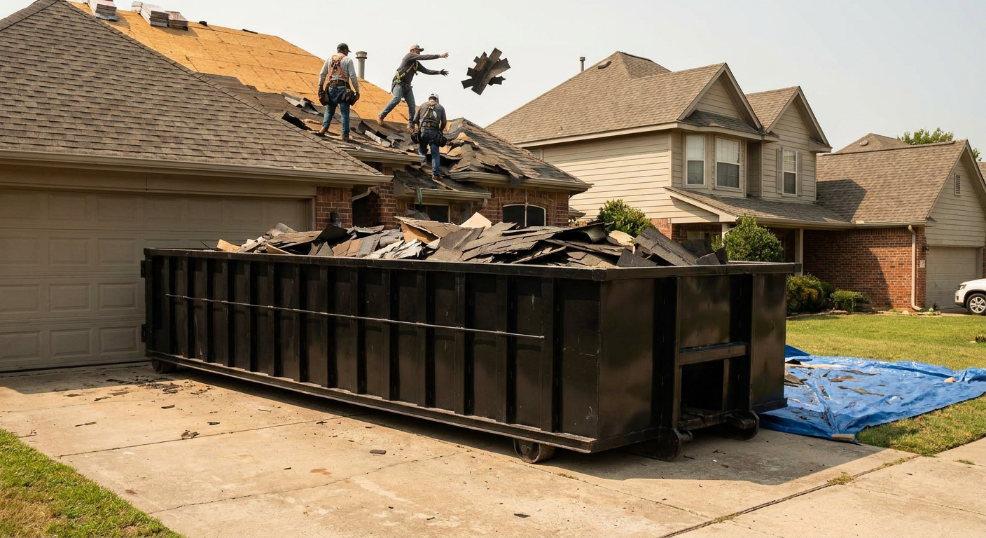 Matte-black roofing roll-off dumpster placed directly on a New Orleans residential concrete driveway, a tear-off crew on a two-story asphalt-shingle roof tossing shingle bundles into the low-walled container, bright daylight, documentary 35mm perspective.
