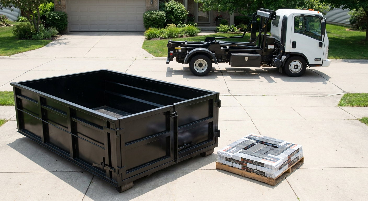Matte-black 15-yard roofing roll-off dumpster with reinforced low side walls sitting directly on a New Orleans residential concrete driveway, three-tab asphalt shingle bundles stacked nearby, an unmarked white hauler truck partially visible at the edge of the frame.