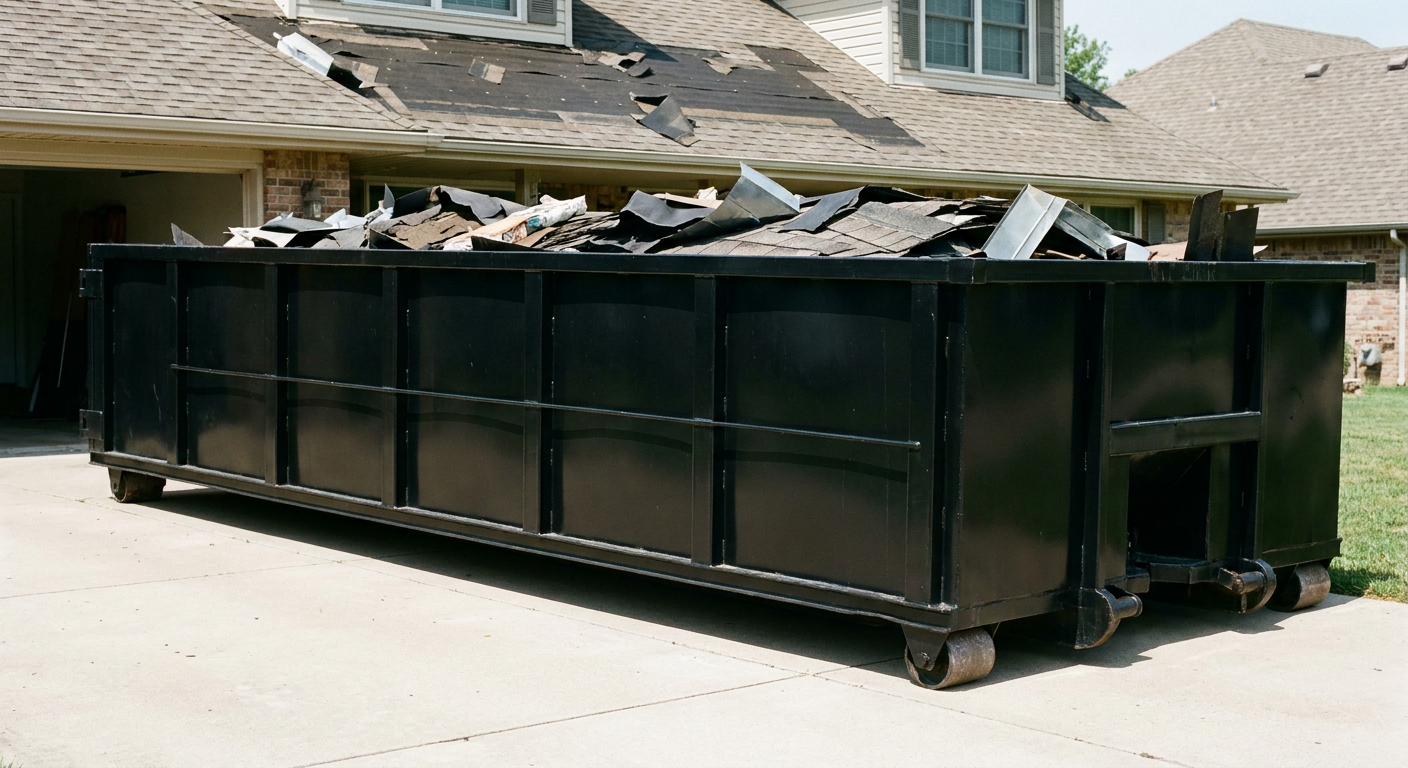Matte-black 20-yard roofing roll-off dumpster with steel ribbed sides and swinging rear door, sitting directly on the concrete driveway of a two-story New Orleans home, asphalt shingle debris being loaded over the low wall, clean documentary lighting.