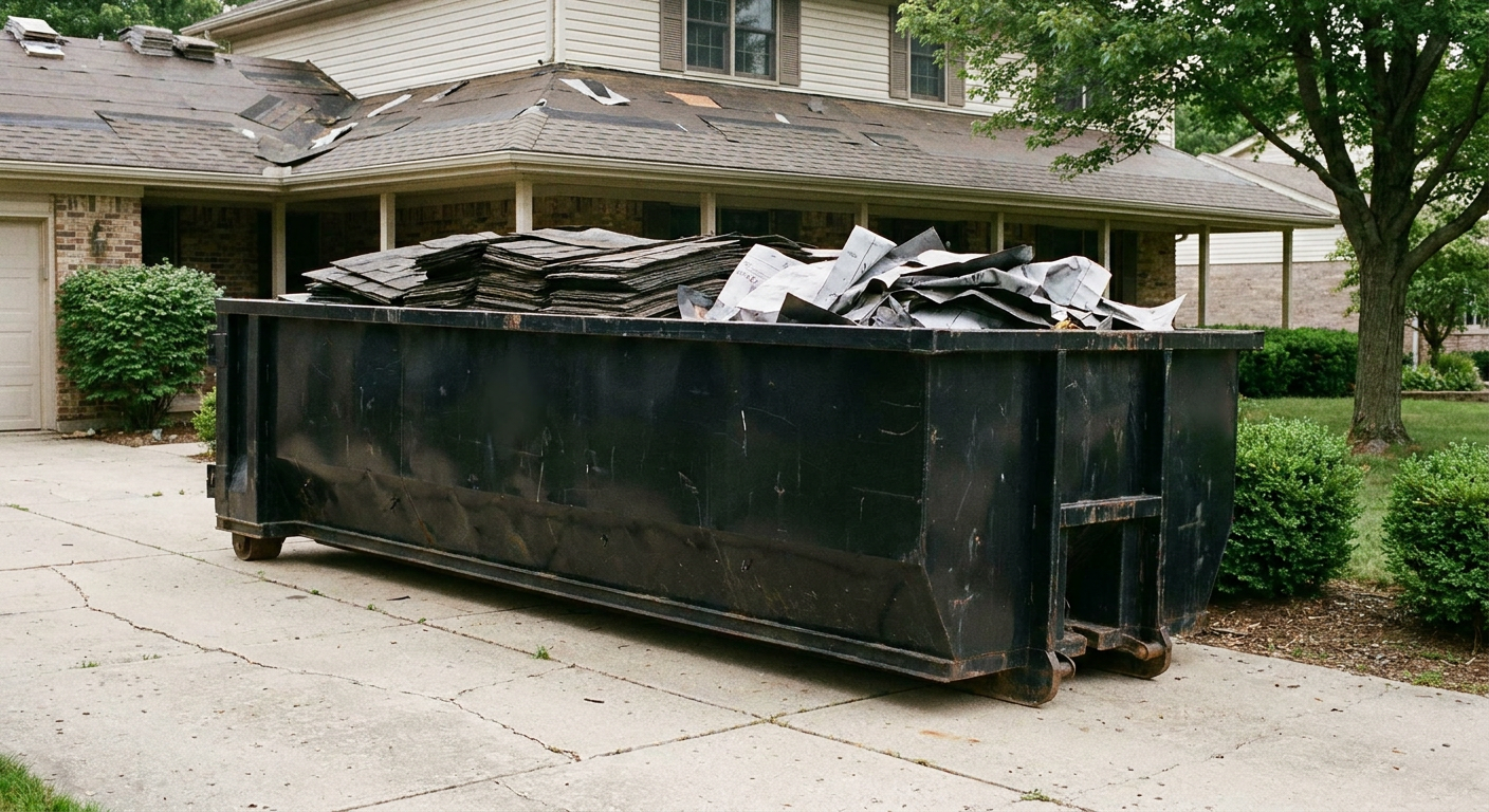 Matte-black 30-yard roofing roll-off dumpster sitting directly on a New Orleans concrete driveway, taller ribbed steel side panels, mixed tear-off debris of asphalt shingles and underlayment inside, professional documentary daylight.