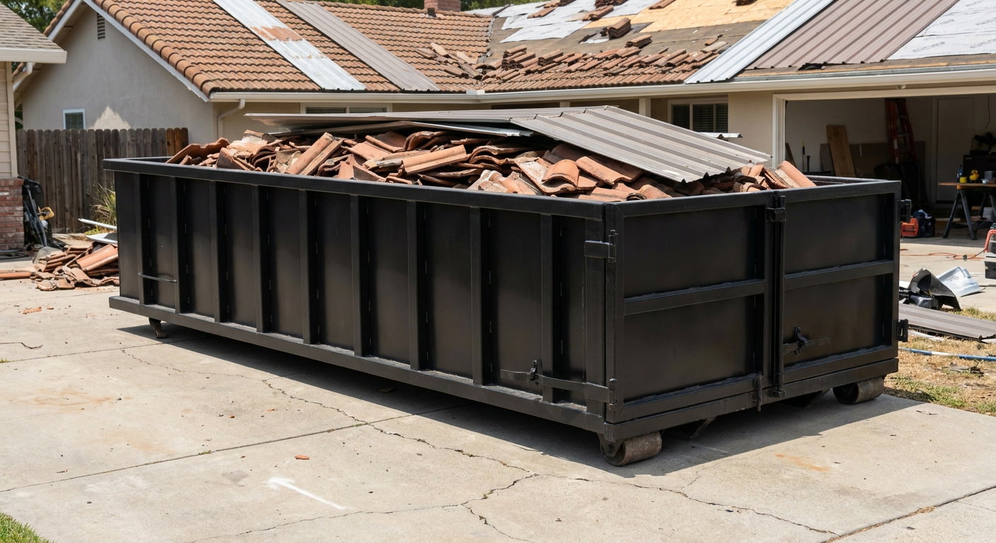 Matte-black low-wall heavy-debris roofing roll-off dumpster sitting directly on a New Orleans concrete driveway, broken concrete clay roof tiles and metal panel sections loaded inside, reinforced ribbed steel side walls visible, bright outdoor daylight.