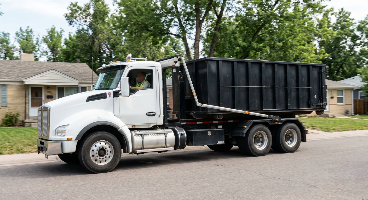 A wide documentary shot of a matte-black roll-off delivery truck pulling onto a quiet New Orleans residential street at mid-morning, with neighborhood rooftops and tree-lined blocks visible behind, showing the metro coverage footprint.
