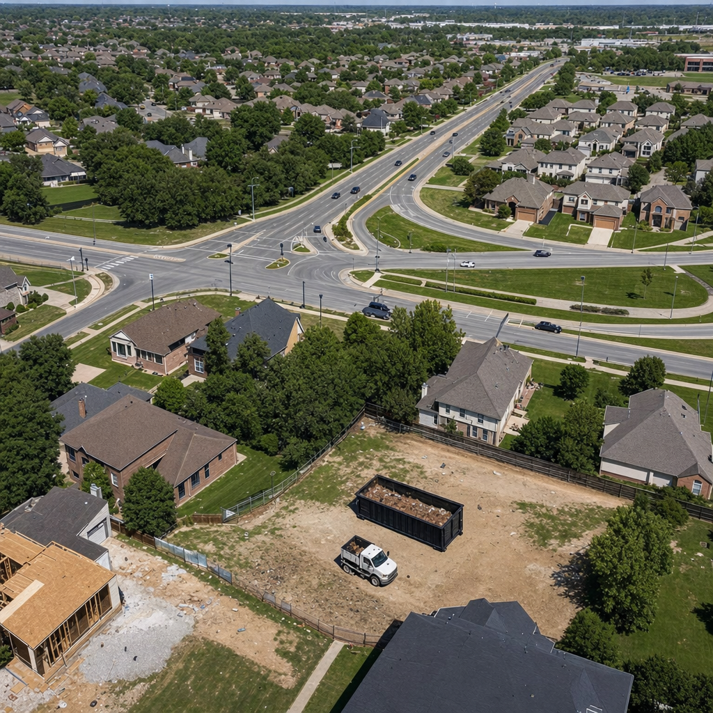 An overhead documentary view of the New Orleans metro area at midday, showing the spread of neighborhoods, arterial roads, and the dispatch radius from a central yard — clean daylight, organized geographic layout.