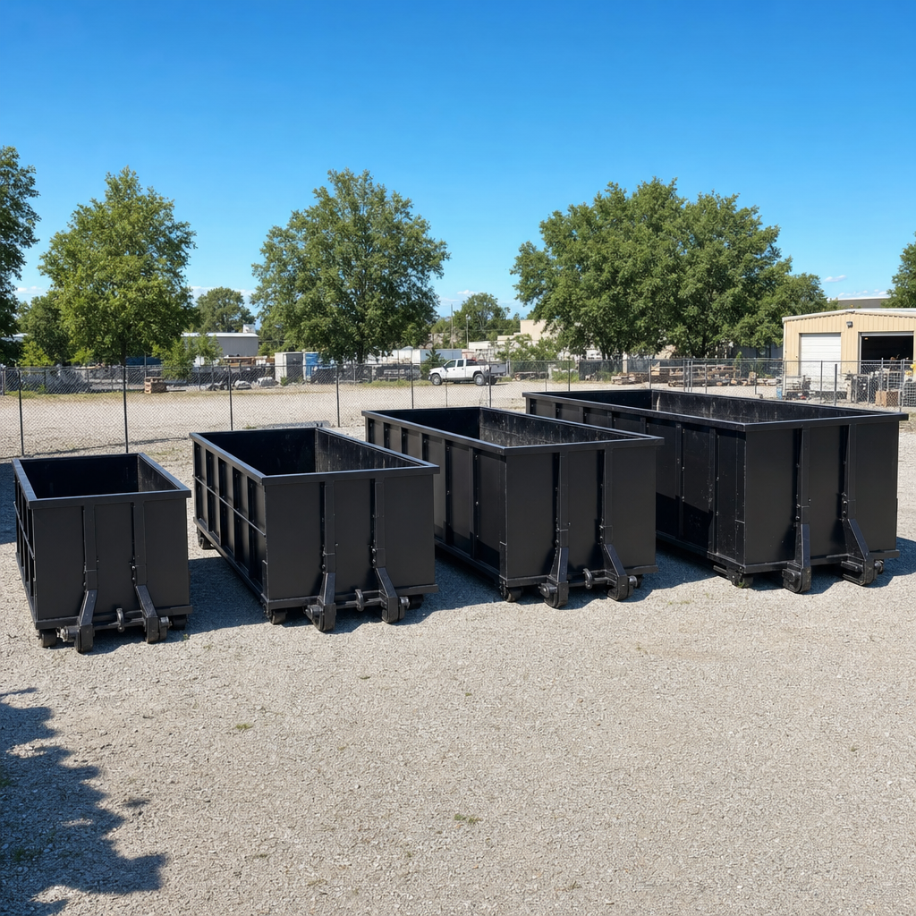 A clean lineup of matte-black roll-off dumpsters in 10, 20, 30, and 40-yard sizes staged on a sunlit gravel yard in New Orleans, showing the size progression from compact to commercial-scale containers.