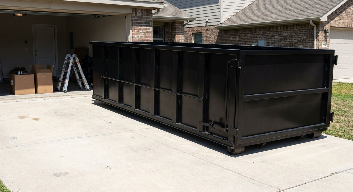 A matte-black 10-yard roll-off dumpster sitting directly on a residential New Orleans concrete driveway, mid-day sunlight, clean and ready for a garage cleanout.