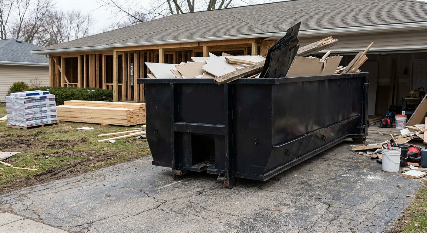 A matte-black 20-yard roll-off dumpster placed alongside a mid-renovation New Orleans home directly on the asphalt driveway, with framing materials and torn-off shingles staged neatly nearby.