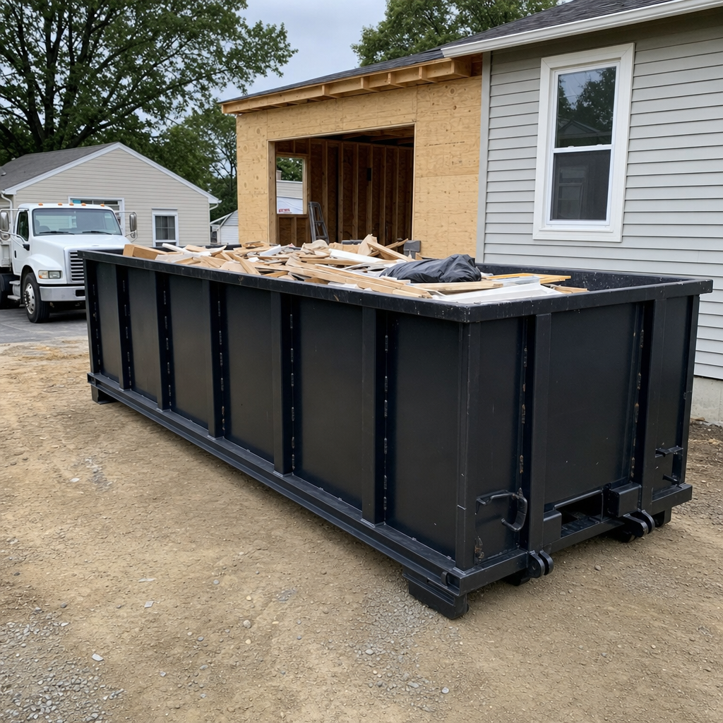 A matte-black 30-yard roll-off dumpster positioned at a New Orleans residential addition jobsite, with framing lumber and drywall scraps loaded through the open swinging rear doors.