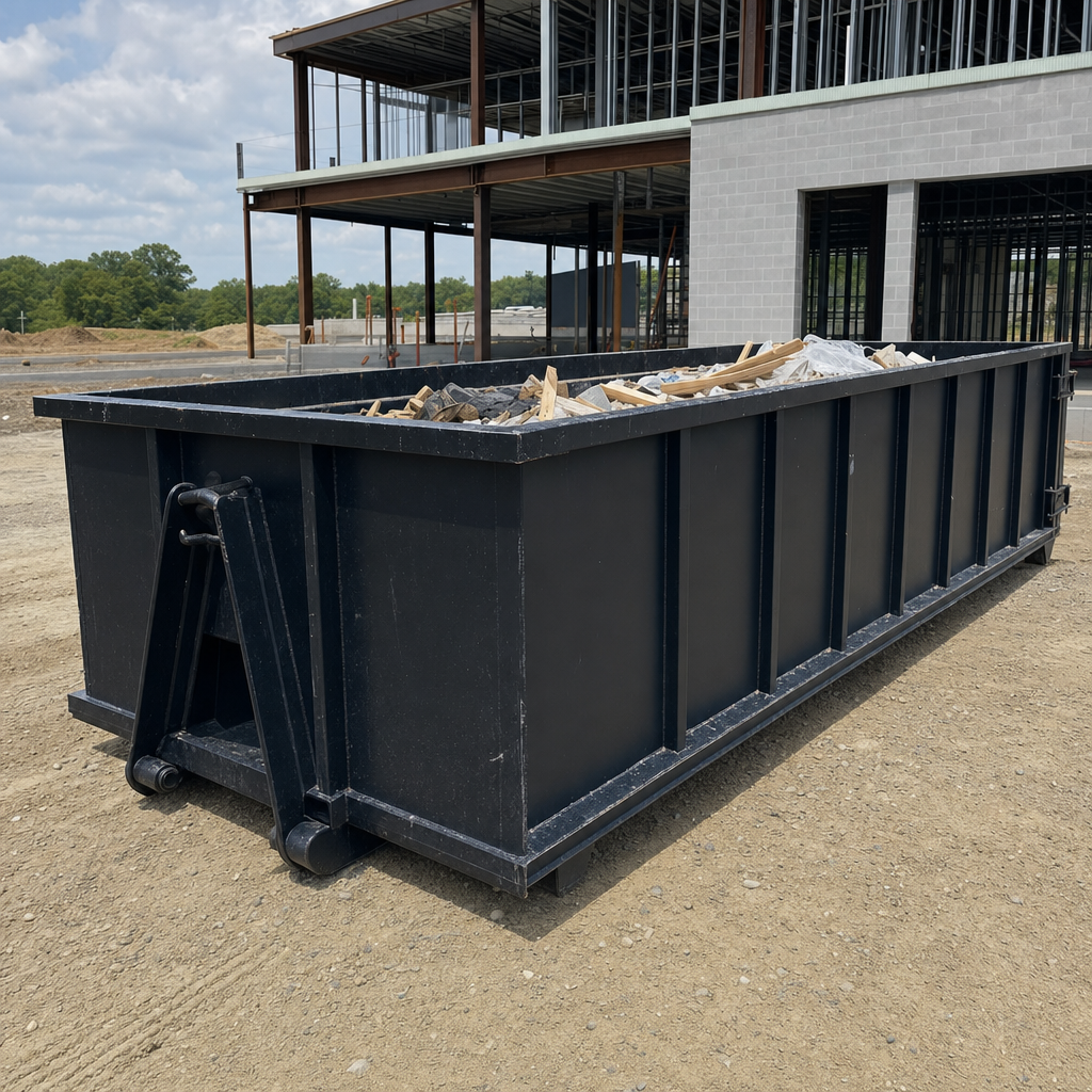 A matte-black 40-yard roll-off dumpster staged on a large New Orleans commercial construction lot, with a hooklift delivery truck parked alongside under bright midday sky.