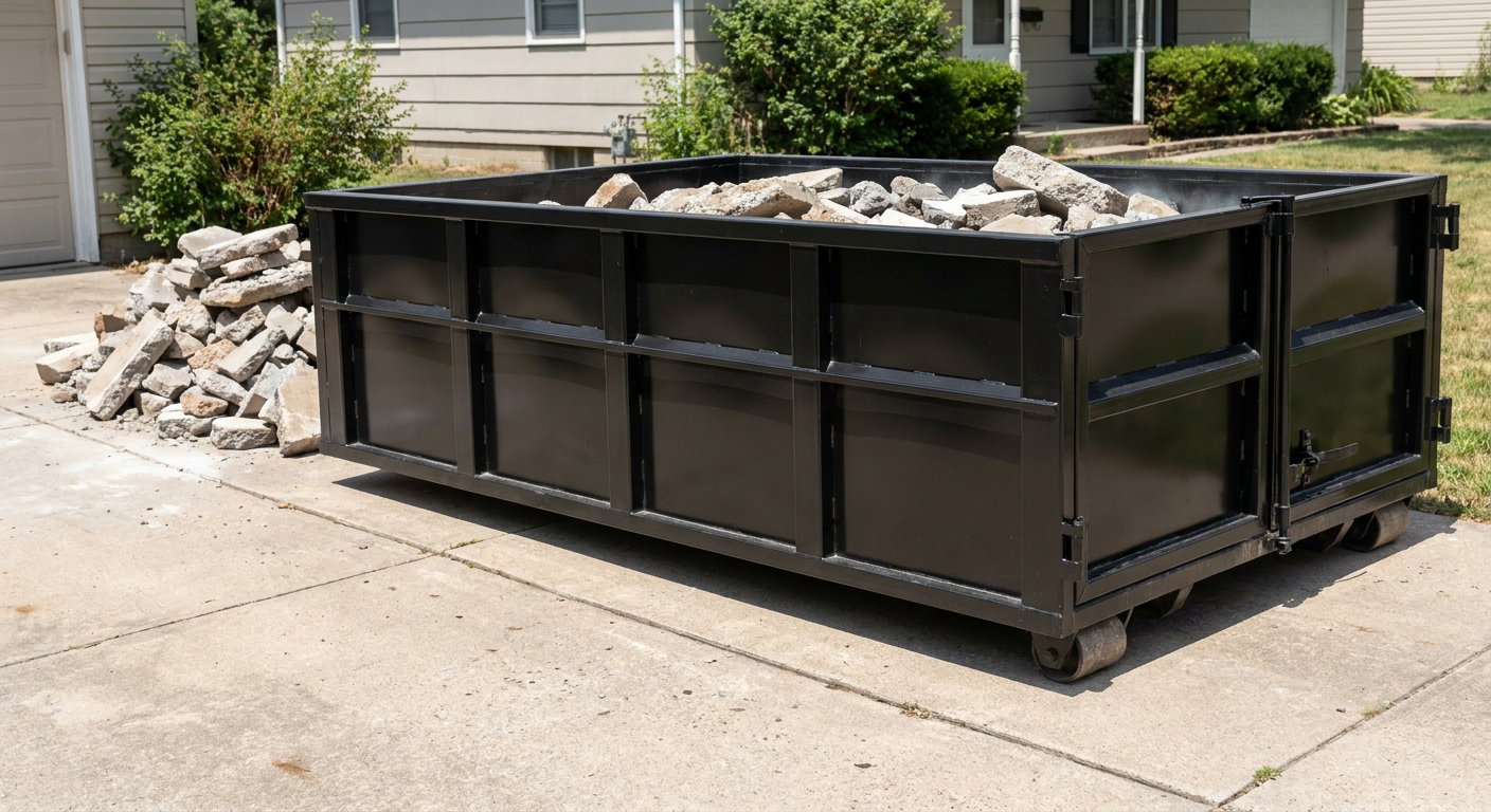 A matte-black low-side heavy-debris roll-off dumpster placed directly on a New Orleans concrete driveway, with broken concrete chunks neatly stacked beside it under clean daylight.